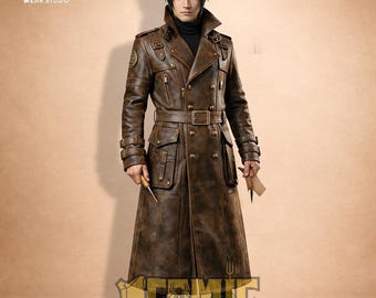Gothic Assassin Trench, Brown Real Leather Pirate Ninja Coat, Men's Distressed Duster, Handmade Tactical Jacket, Luxury Steampunk Gear, 2026
