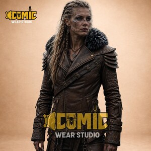Women's vintage brown leather jacket worn by a model, featuring a black faux fur collar, buckle accents, textured leather, and motorcycle-style outerwear.