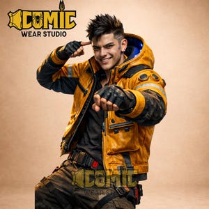 May include: A person wearing a yellow and black jacket with a blue-lined hood, black gloves, and brown pants. The jacket has multiple pockets and reflective accents. The image includes the text "COMIC WEAR STUDIO".