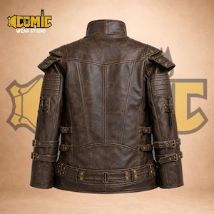 Back view of Viking warrior leather coat. Features tapered waist, distressed brown real leather, hanging chains, and adjustable hip buckles.