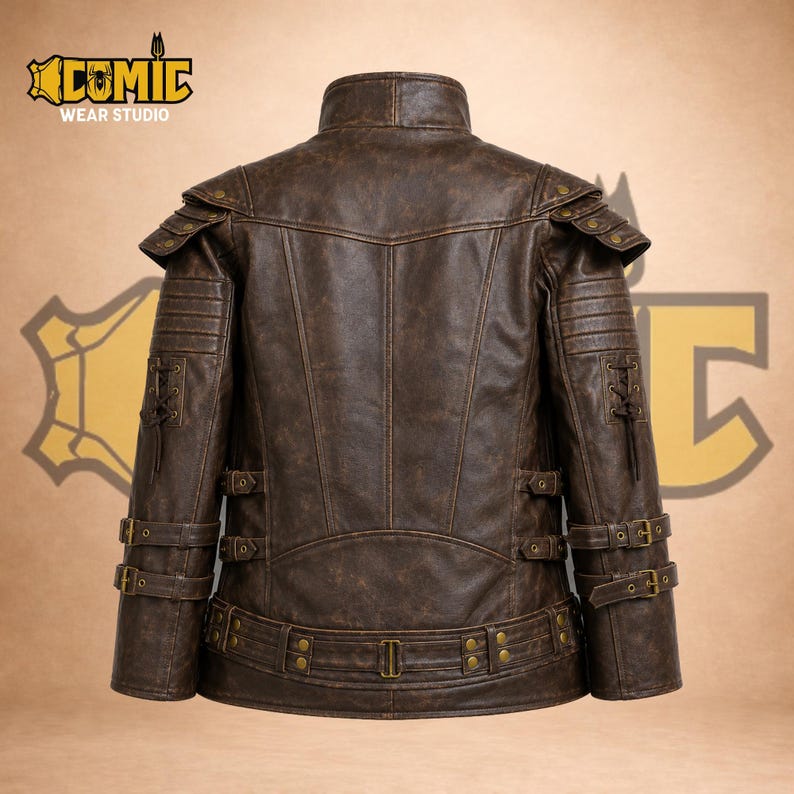 Back view of Viking warrior leather coat. Features tapered waist, distressed brown real leather, hanging chains, and adjustable hip buckles.