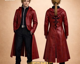Edward Elric Leather Coat, Fullmetal Alchemist Cosplay, Red Crimson Trench Coat, Anime Inspired Biker Jacket, Flamel Cross Gift for Him 2026