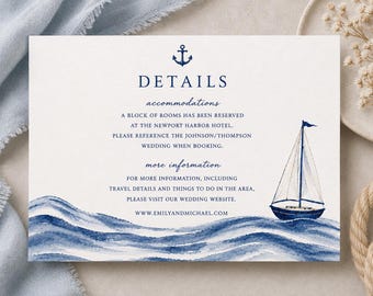 Coastal Blue Nautical Wedding Details Card Template | Watercolor Sailboat, Waves (Canva Template)