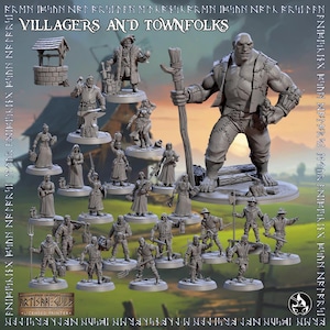 May include: A selection of unpainted miniature figurines depicting villagers and townspeople. The set includes a well, a large figure holding a staff, and various figures with tools and weapons. The text "VILLAGERS AND TOWNFOLKS" is at the top.