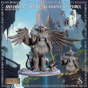 May include: A detailed, gray alabaster sphinx figurine with large wings, holding a sphere and a staff. The text reads "ANKHARA - DIVINE ALABASTER SPHINX" and "100MM BASE". Additional smaller figurines and parts are also shown.