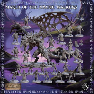 May include: A selection of miniature figurines, featuring zombies and a dragon, with the text "MARCH OF THE ZOMBIE WALKERS". The figures are in various poses, likely for tabletop gaming or collecting.