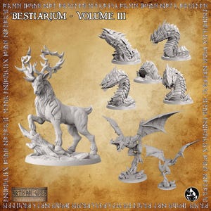 Può includere: Una collezione di miniature fantasy bianche, tra cui un cervo, creature serpentine e gargoyle alati. Il testo "BESTIARIUM - VOLUME III" è visibile. Le miniature sono su uno sfondo beige.