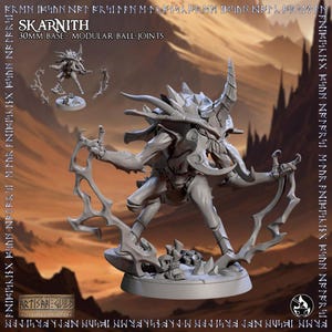 May include: A gray Skarnith miniature figure with a 30mm base, featuring modular ball-joints. The figure has a detailed, insectoid design with horns and claw-like hands. The Artisan Guild logo is visible.