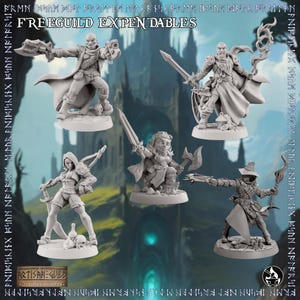 Può includere: Una collezione di figurine in miniatura non dipinte di personaggi fantasy. Le figure includono un guerriero con una spada, un mago con un bastone, un'arciere, un nano con un'ascia e una figura con una balestra. Il testo "FREEGUILD EXPENDABLES" è in alto.