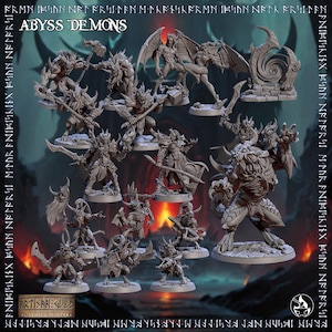 May include: A selection of grey miniature Abyss Demon figures. The figures portray various demonic creatures with horns, wings, and weapons. The text "ABYSS DEMONS" is at the top. The Artisan Guild logo is at the bottom.
