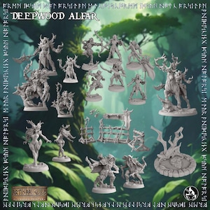 May include: A selection of unpainted miniature figures, including elves and fantasy creatures, with the text "DEEPWOOD ALFAR" at the top. The figures are in various poses, some with weapons, and are set against a blurred forest background.