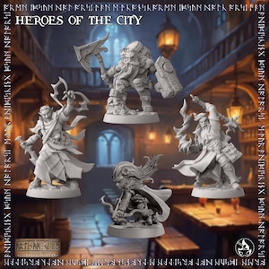 Può includere: Una collezione di miniature, raffiguranti personaggi fantasy. Le figure includono un nano con ascia e scudo, un elfo con arco e un mago. Il testo "HEROES OF THE CITY" è visualizzato in alto.