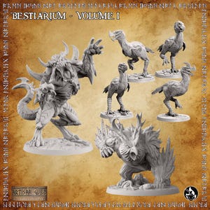 Può includere: Una collezione di figurine in miniatura non dipinte della serie "Bestiarium - Volume I". Il set include diverse creature fantastiche, tra cui una grande bestia cornuta e figure simili ad uccelli. Il logo Artisan Guild è visibile.