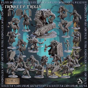 May include: A selection of grey miniature figures, labelled "Ironkeep Trolls." The figures depict fantasy creatures, including trolls and warriors, in various poses. Some figures are mounted on creatures. The background is a blurred forest scene with the Artisan Guild logo.