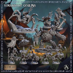 Pode incluir: Uma coleção de miniaturas Sparksoot Goblins. O conjunto inclui vários personagens goblins, uma grande construção mecânica e uma criatura semelhante a uma aranha. As figuras são detalhadas e parecem ser feitas de um material cinza claro.