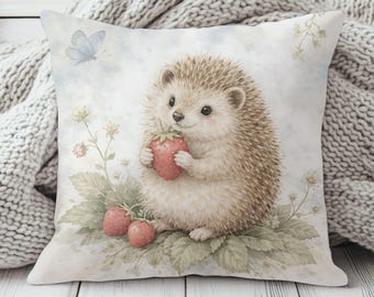 Kissenhülle Erdbeeren Igel 40 x 40 cm Vintage Landhausstil soft spring Cottagecore Kissenbezug Wendekissen, Geschenk Muttertag, Frühling