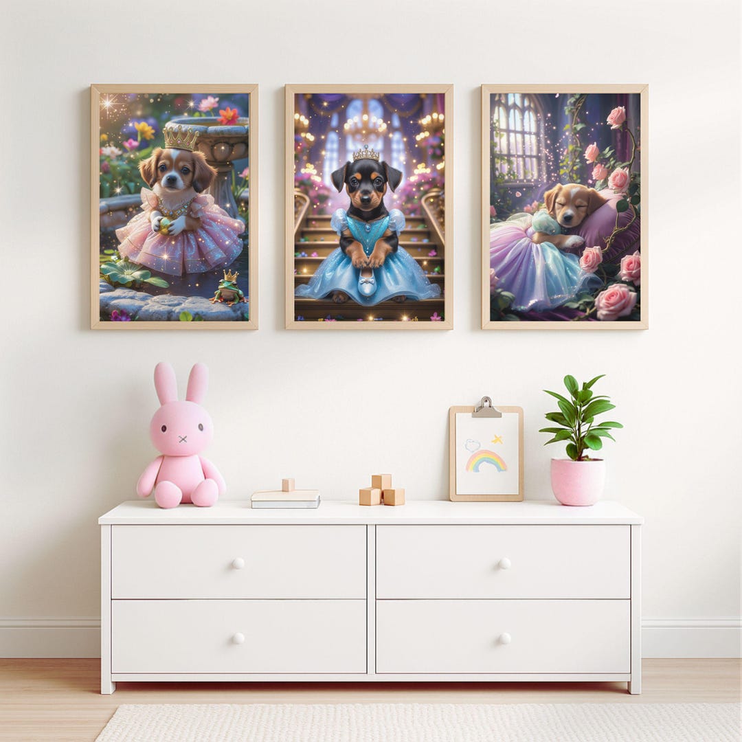 Princess Poster Set for Children's Rooms – Fairytale Puppy Wall Art | 3 ...