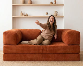 Modern Corduroy Folding Floor Sofa Bed Couch with Pet Friendly Washable Water Resistant Fabric in 7 Color Options, Compact Guest Comfy Bed