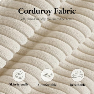 Extreme close-up of premium soft ivory corduroy fabric showing the round velvet strips and layered texture. This high-quality upholstery is skin-friendly, breathable, and water-repellent, making it stain-resistant and easy to clean. Designed as a pet-friendly and scratch-resistant material, it is perfect for nurseries and households with cats or dogs. The soft-touch, anti-bacterial fabric ensures a hygienic and comfortable seating experience for toddlers and adults.