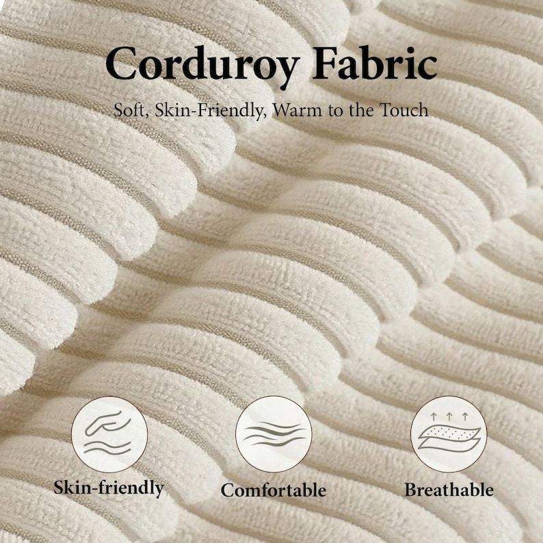 Extreme close-up of premium soft ivory corduroy fabric showing the round velvet strips and layered texture. This high-quality upholstery is skin-friendly, breathable, and water-repellent, making it stain-resistant and easy to clean. Designed as a pet-friendly and scratch-resistant material, it is perfect for nurseries and households with cats or dogs. The soft-touch, anti-bacterial fabric ensures a hygienic and comfortable seating experience for toddlers and adults.