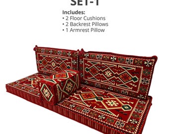 Traditionelle arabische Boden Sitz Sofa Set mit Majlis Kissen und Armlehnen Kissen für Boho Wohnzimmer oder Meditation Ecke,