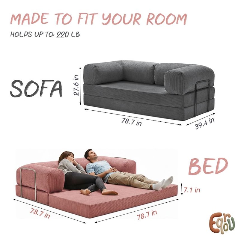 Detailed dimensions infographic of the foldable modular sleeper sofa. It measures 78.7 inches wide as a 3-seater floor couch and transforms into a massive 78.7x78.7 inch full-size floor mattress guest bed with a 7.1-inch thickness. This space-saving furniture is ideal for kids' playrooms, guest rooms, and tiny homes. Shows the multi-functional transition from a compact seating area to a spacious sleeping surface, highlighting its versatile and ergonomic modular build.