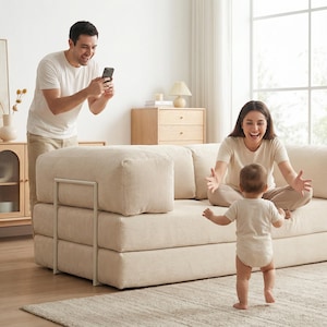 May include: A beige corduroy modular sofa with a light metal frame. A baby takes steps toward a woman sitting on the sofa, while a man takes a photo with a smartphone. The room has light-colored furniture and a neutral rug.