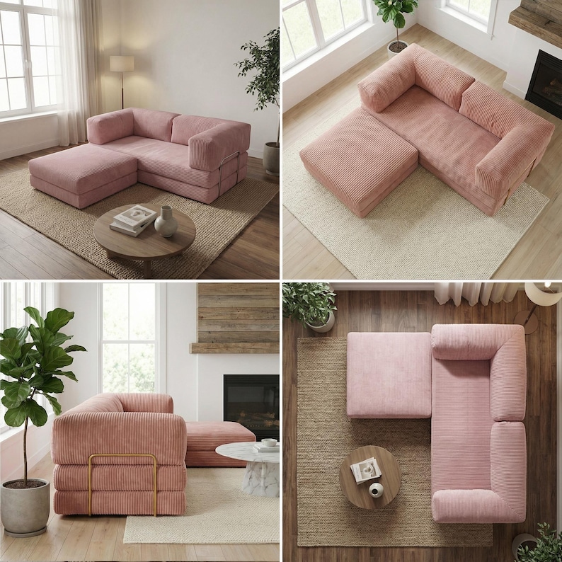 Modular Floor Sofa with Ottoman, 4 in 1 Convertible Sofa Bed, Corduroy Lounge Couch, Small Space Apartment Sofa, Washable Covers