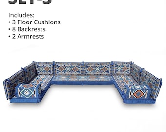 Floor Sofa Set, Arabic Majlis Seating, Boho Pallet Cushions, Turkish Kilim Sectional Couch, Meditation Bench, Blue Oriental Cushions