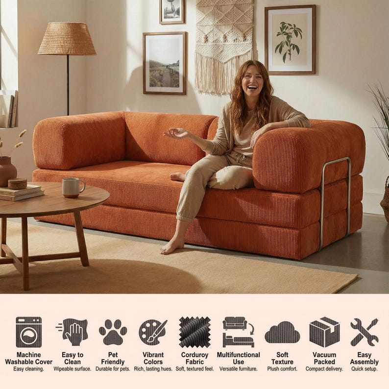 Cozy Modular Floor Sofa Bed for Home Theater Setup, Movie Nights, and Lounging with Washable Covers and Extra Slipcover Option