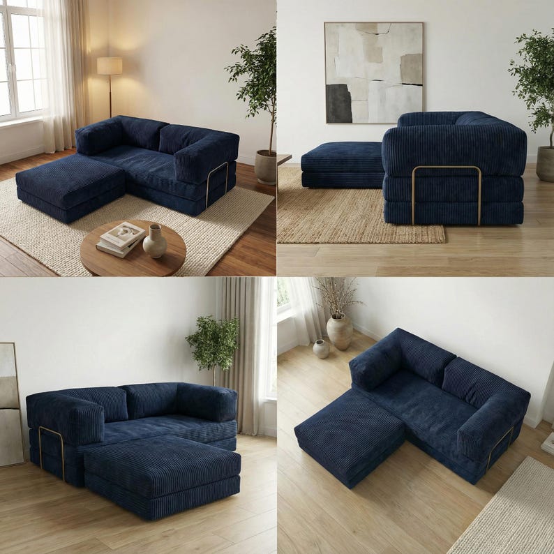 Puede incluir: Un sof&aacute; modular seccional de pana azul marino con chaise longue. El sof&aacute; tiene un dise&ntilde;o moderno con detalles met&aacute;licos dorados. El conjunto incluye una otomana a juego. El sof&aacute; est&aacute; colocado sobre una alfombra de color neutro.