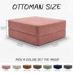 Puede incluir: Un otom&aacute;n de pana rosa, de 100 cm de ancho, 100 cm de largo y 36 cm de alto. El texto "OTTOMAN SIZE" est&aacute; en la parte superior. Debajo, el texto "PICK A COLOR, SET THE MOOD" se muestra con muestras de color.