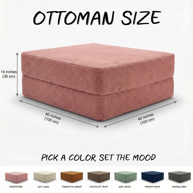 Puede incluir: Un otom&aacute;n de pana rosa, de 100 cm de ancho, 100 cm de largo y 36 cm de alto. El texto "OTTOMAN SIZE" est&aacute; en la parte superior. Debajo, el texto "PICK A COLOR, SET THE MOOD" se muestra con muestras de color.