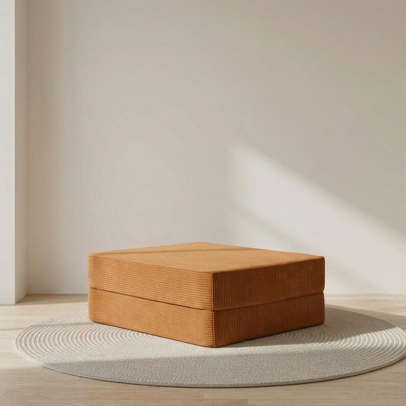 Puede incluir: Un otom&aacute;n cuadrado de pana en un c&aacute;lido tono marr&oacute;n dorado. El otom&aacute;n est&aacute; colocado sobre una alfombra circular de color blanquecino con una textura trenzada. El fondo es una pared de color claro y neutro.