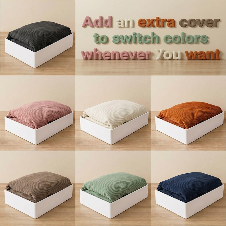 Display of additional machine-washable corduroy sofa covers stored in white boxes. The text "Add an extra cover to switch colors whenever you want" emphasizes the product's customization and longevity. Shows 7 vibrant color options like Shadow Gray, Powder Pink, and Sage Green, allowing users to refresh their home decor aesthetic, change room themes, or maintain a clean environment with easy-to-swap, washable covers.