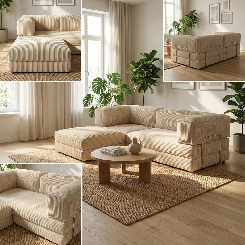 Puede incluir: Sof&aacute; seccional de pana beige con chaise longue. El sof&aacute; tiene un perfil bajo, cojines gruesos y un dise&ntilde;o modular. La habitaci&oacute;n cuenta con una mesa de centro redonda de madera, una alfombra de yute y plantas en macetas, creando un espacio habitable acogedor.