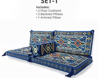 Modular Floor Sofa set, Boho Majlis Lounge Seating, Turkish Floor Sofa Set, Anatolian Couches, Mediterranean Blue Oriental Seating
