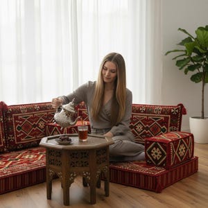 Arabic Floor Seating Majlis Sofa Set, Red Kilim Sofa, Tribal Floor Seating, Handmade Arabic Sofa, Boho Lounge Seating, Middle Eastern Decor