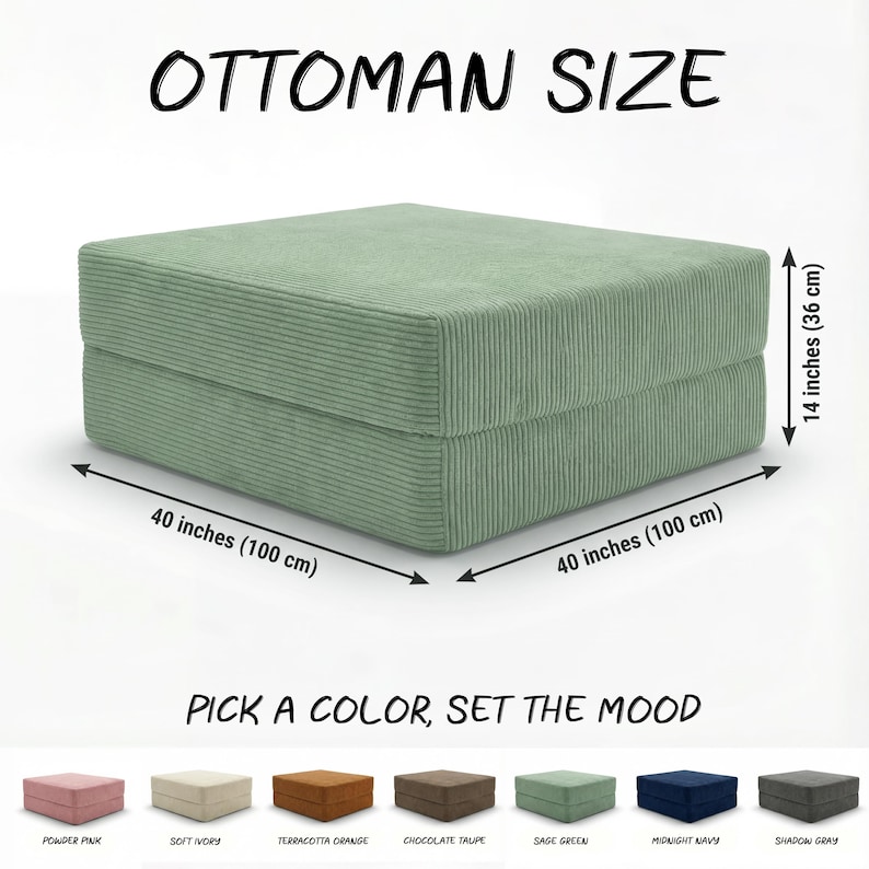 Puede incluir: Otomana verde salvia, de 100 cm de largo, 100 cm de ancho y 36 cm de alto. El texto "OTTOMAN SIZE" est&aacute; en la parte superior. El texto "PICK A COLOR, SET THE MOOD" est&aacute; en la parte inferior, con muestras de color.