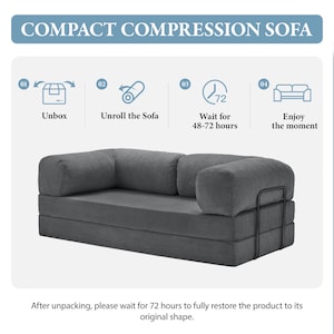 Setup infographic for the compact compression sofa delivered in a vacuum-packed box. Easy tool-free assembly instructions: simply unbox, unroll the modular pieces, and wait 48 to 72 hours for the high-density foam cushions to fully expand to their original plush shape. This eco-friendly shipping method ensures easy transport through tight hallways and stairs, making it the perfect furniture solution for high-rise apartments, dorm rooms, and renovated attic spaces.