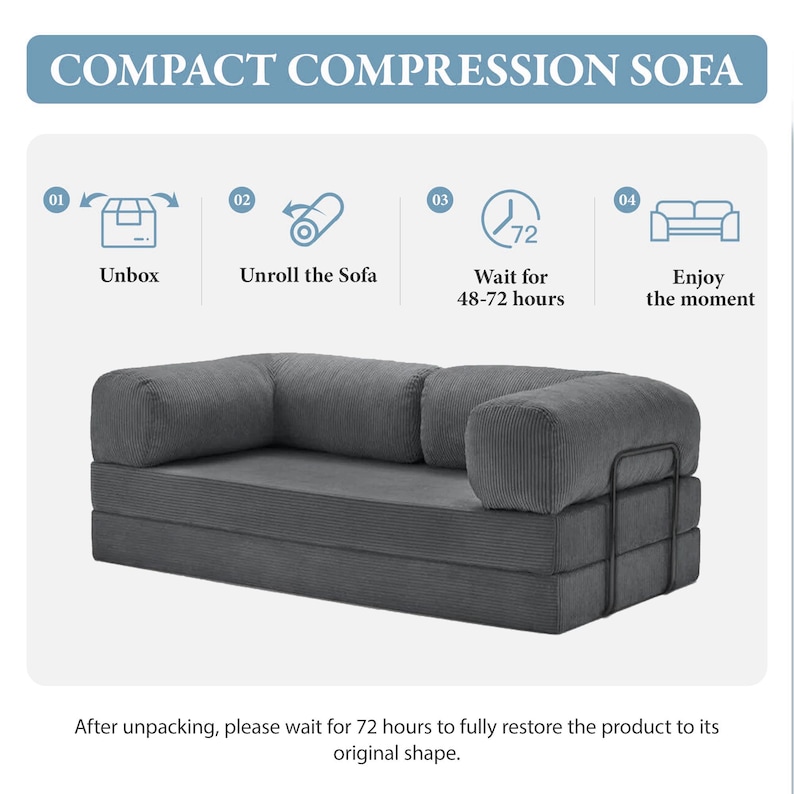Setup infographic for the compact compression sofa delivered in a vacuum-packed box. Easy tool-free assembly instructions: simply unbox, unroll the modular pieces, and wait 48 to 72 hours for the high-density foam cushions to fully expand to their original plush shape. This eco-friendly shipping method ensures easy transport through tight hallways and stairs, making it the perfect furniture solution for high-rise apartments, dorm rooms, and renovated attic spaces.
