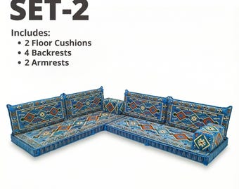 Middle Eastern Sofa Set Arabic Kilim floor cushions and Backrests for Living Room, Anatolian Balcony or Outdoor Seating Area