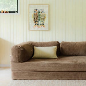 May include: A brown corduroy sofa with a light yellow rectangular cushion and a framed artwork of two fish. The artwork is in a wooden frame and hangs on a light yellow wall. The sofa is on a beige rug.