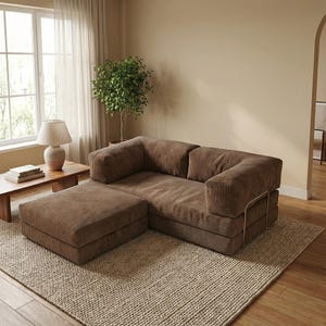 Modular Floor Sofa with Ottoman, 4 in 1 Convertible Sofa Bed, Corduroy Lounge Couch, Small Space Apartment Sofa, Washable Covers
