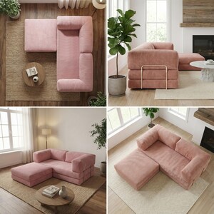 Puede incluir: Sof&aacute; seccional de pana rosa con chaise longue. El sof&aacute; es modular, con un perfil bajo y un dise&ntilde;o moderno. La tela tiene una textura acanalada. El sof&aacute; se muestra en diferentes entornos.