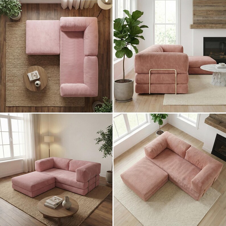 Puede incluir: Sof&aacute; seccional de pana rosa con chaise longue. El sof&aacute; es modular, con un perfil bajo y un dise&ntilde;o moderno. La tela tiene una textura acanalada. El sof&aacute; se muestra en diferentes entornos.