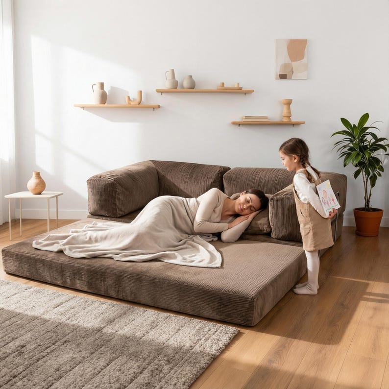Cozy Modular Floor Sofa Bed for Home Theater Setup, Movie Nights, and Lounging with Washable Covers and Extra Slipcover Option