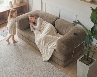 Modular Sofa Bed with Ottoman, Sectional Floor Sofa, Teddy Boneless Couch, Washable Covers, Minimalist Livingroom Couch