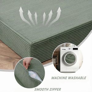 Visual guide for the removable and machine-washable corduroy sofa covers featuring a high-quality smooth zipper. Demonstrates the easy-to-clean nature of the water-repellent fabric, allowing for quick maintenance after spills. This hygienic furniture solution is ideal for busy homes, ensuring the anti-bacterial covers stay fresh. The durable material is designed to withstand frequent washing without losing its soft texture or vibrant color, making it a long-term investment.