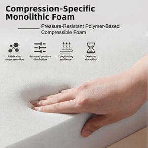 Hand pressing into the compression-specific monolithic foam, showcasing the pressure-resistant polymer-based material. This high-density foam provides balanced pressure distribution, long-lasting resilience, and extended durability without sagging. Engineered for ultimate comfort as both a floor chair and a sleeping mattress, the foam ensures full-bodied shape retention. This ergonomic support makes it a premium choice for gaming rooms, reading corners, and guest beds.